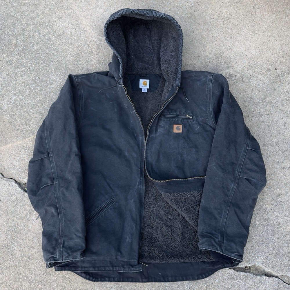 Vintage Carhartt Sherpa-Lined Hooded Detroit Jacket Black J141 BLK Men's XL Tall